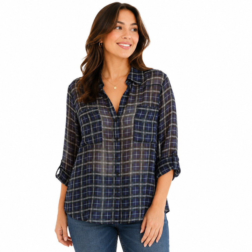 Express The Portofino Shirt Chiffon Black Blue Plaid Sheer Roll Tab Shirt Top M